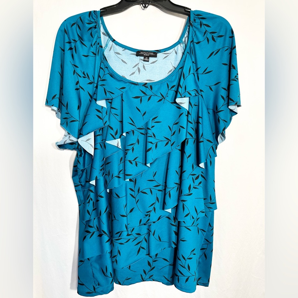 WOMENS 3XL XXXL TEAL W/ BLACK VINES MULTI TIERED NOTATIONS WOMAN BLOUSE